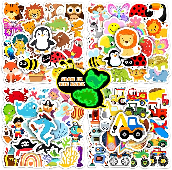 Glow in The Dark Cartoon Water Bottle Sticker for Kids, 100 pcs Waterproof Cute Vinyl Laptop Decals, Kids Teens Adults Phone Case Scrapbook Helmet Skateboard Luggage Decoration