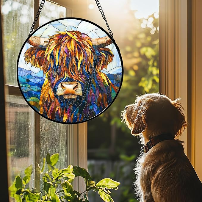 Stained Glass Window Hanging - Highland Cattle Suncatcher for Door Terrace Garden Home Decor Western Style Brown Cow Sun Catcher Birthday Gifts for Lovers Women Men Dad Mom Nana 9.8 in