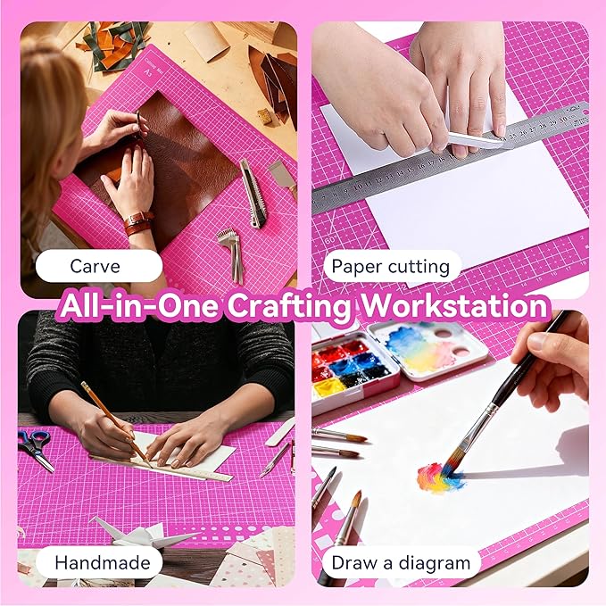 Self Healing Cutting Mat 12x9 inch A4 Size, Double-Sided Grid & Non-Slip Surface for Rotary Cutting, Sewing, Quilting, Craft with 12 Bonus Papers - Pink