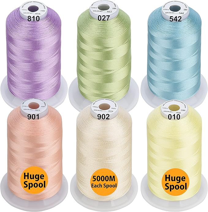 Simthread - 33 Selections - Various Assorted Color Packs of Polyester Embroidery Machine Thread Huge Spool 5500Y for All Sewing Embroidery Machines - 6xPastel Colors 1