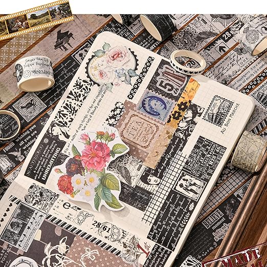 20 Rolls Vintage Washi Tape Set Retro Arts Adhesive Tapes Fleeting Monologue Decorative Masking Tape Sets for Craft, Kids, Scrapbook, DIY, Gift Wrapping (Black & White Memories)
