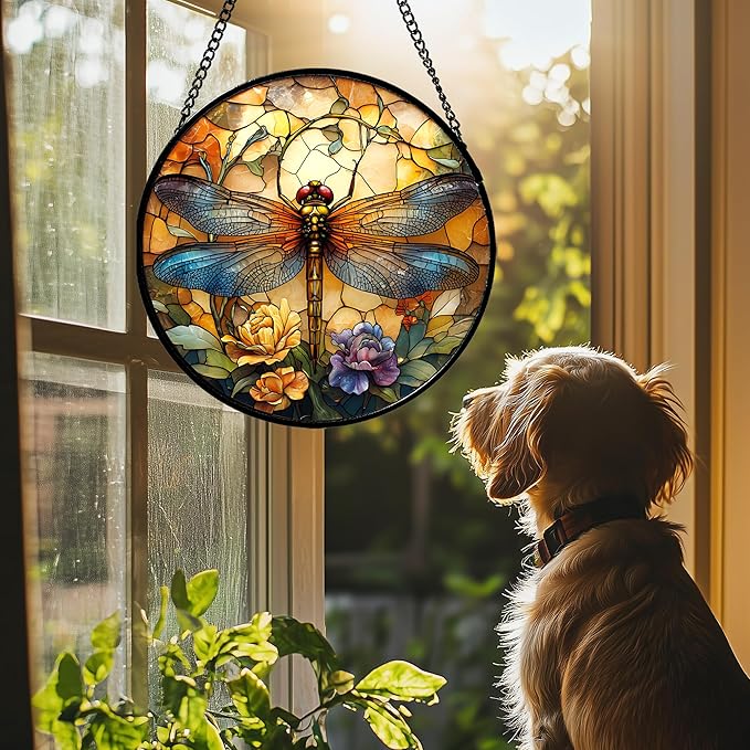 Stained Glass Window Hanging - Orange Blue Dragonfly Flower Suncatcher for Doors Window Home Sun Catchers Decor Christmas Mother's Day Birthday Outdoor Gifts for Women Men Mom Nana 6.3 in