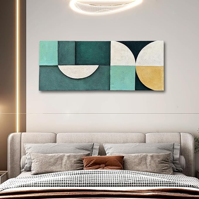 Art Hand-Painted Blue and Green Geometric Figure Abstract Oil Painting 24x60-inch Large Canvas Art Wall for Home and Office Wall Decoration