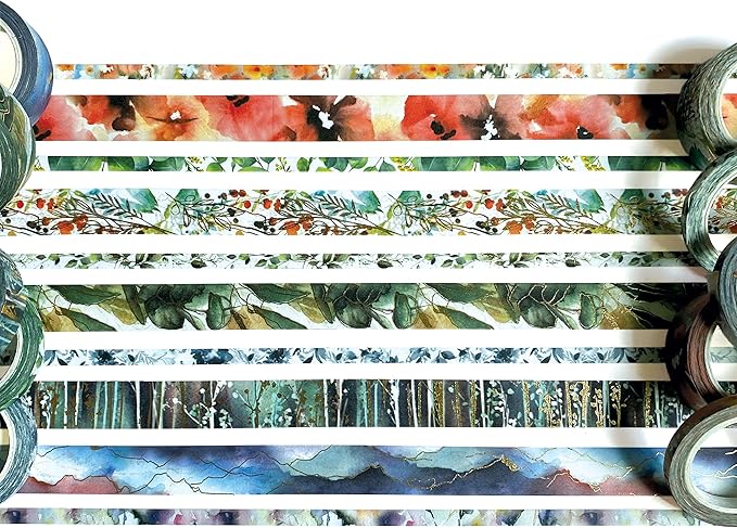Paper House 10 Piece Foil Accent Washi Tape Pack with 5 15mm Rolls and 5 5mm Rolls - Watercolor Flora