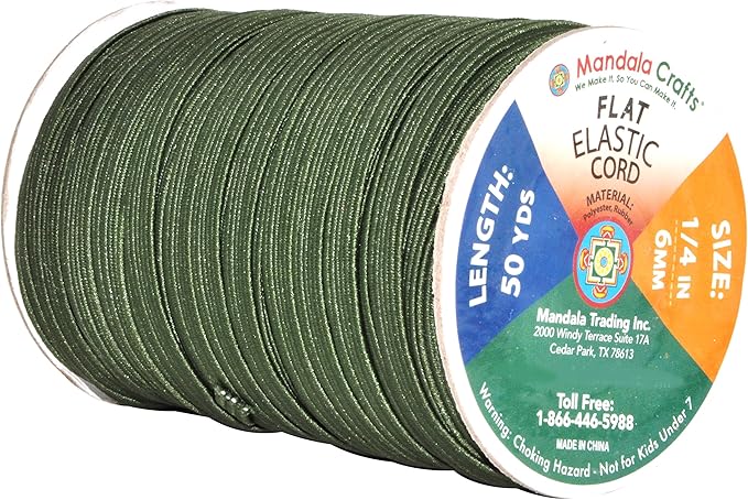 Mandala Crafts 6mm 50 Yds Roll of Olive Green Elastic Bands for Sewing - 1/4 Flat Elastics Cord - 1 4 Inch Braided Stretch Straps for Crafting