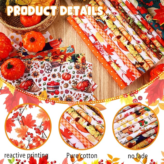 Tudomro 70 Pcs 10 x 10 Inch Fall Quilting Fabric Squares Pumpkin Maple Leaf Fabric Bundles Turkey Sunflower Printed Precut Patchwork Materials for Thanksgiving Harvest DIY Crafts Cloths Handmade