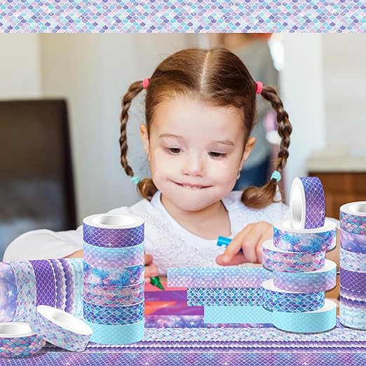 12 Pcs Mermaid Washi Tapes Set Mermaid Pattern Masking Tape Mermaid Themed Decorative Tape Mermaid Printed Decorative for DIY, Planner, Scrapbooking, and Party Decor
