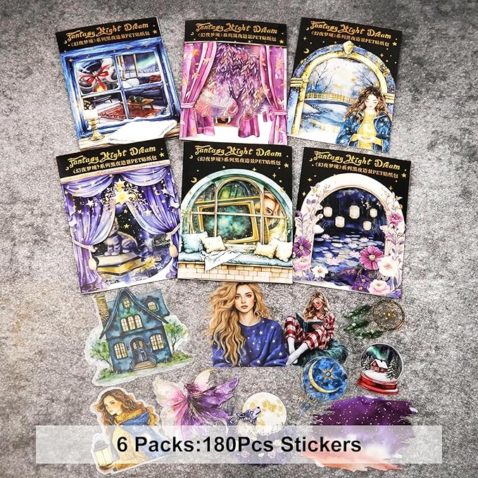 Fantasy Night Dream PET Stickers Set, 180Pcs Mystical Celestial Stickers for Journaling, Scrapbooking, DIY Crafts, Planners, and Collage Art