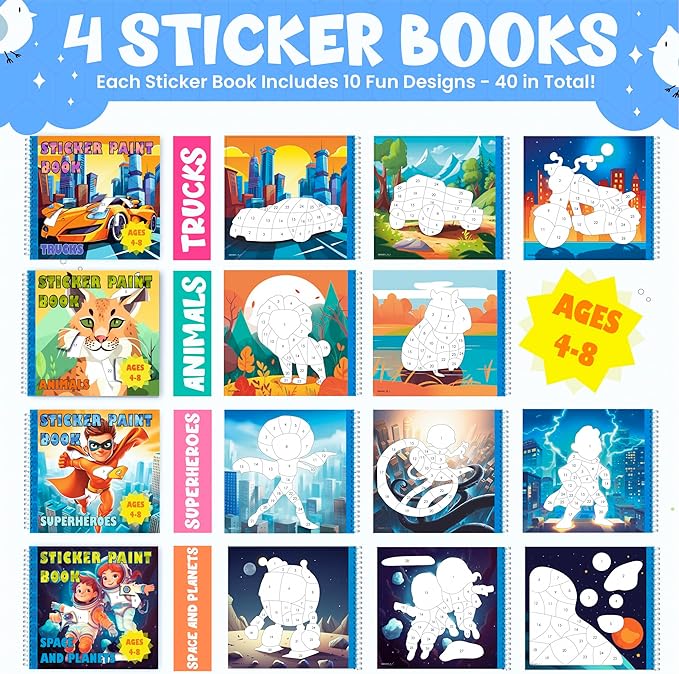 BulbaCraft 4Pcs Sticker Paint Books - Sticker Books by Number with Superheroes, Trucks, Animals and Space - Coloring Activity