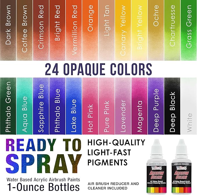 U.S. Art Supply 24 Color Acrylic Airbrush, Leather & Shoe Paint Set Opaque Colors plus Reducer, Cleaner & Color Mixing Wheel