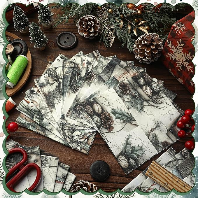 20 Pcs 10''x10'' Vintage Green Christmas Quilting Fabric Square Bundle Snowman Precuts Quiltted Fabric Gingerbread Reindeer Printed Patchwork Supplies for Winter Patchwork DIY Sewing Craft