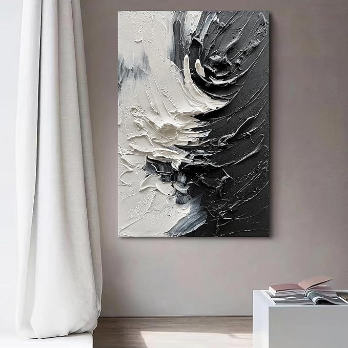 NANKAI Art Hand Drawn Thick Textured Black and White Abstract Art Oil Painting in Modern Minimalist Style, 36x24 inches. Decorative Wall Painting for Home Office or Corridor