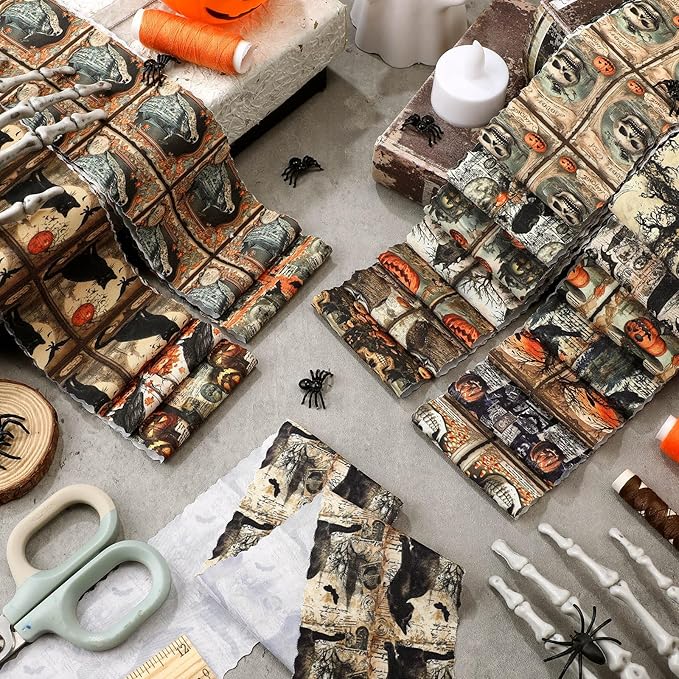 Ganeen 100 Pcs Gothic Christmas Fabric Vintage Halloween Quilting Fabric Roll 2.56 Inch Skull Ghost Jelly Squares Pumpkin Black Cat Patchwork Precut Strips Bundles for Sewing Materials Craft DIY