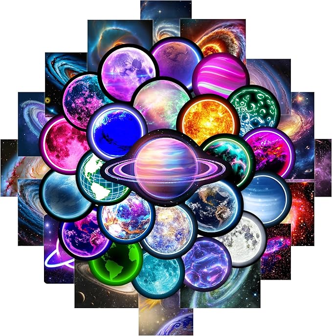 Neon Planets Water Bottle Stickers for Kids, 70 PCS Vinyl Space Waterproof Decals for Laptop Phone Case, Solar System Decor for Adults Kids Girls Boys