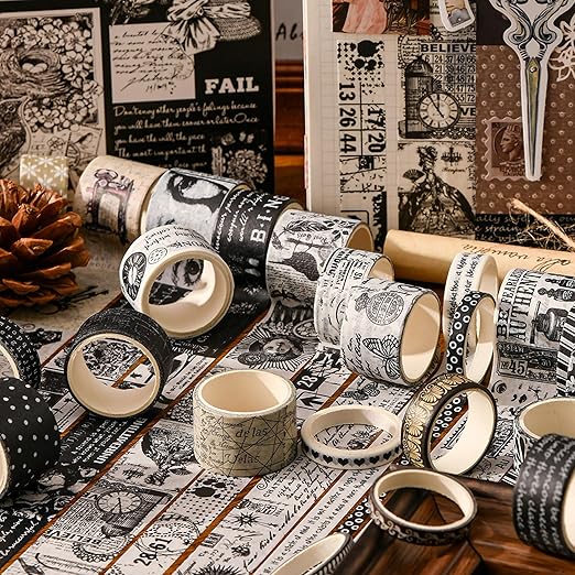20 Rolls Vintage Washi Tape Set Retro Arts Adhesive Tapes Fleeting Monologue Decorative Masking Tape Sets for Craft, Kids, Scrapbook, DIY, Gift Wrapping (Black & White Memories)