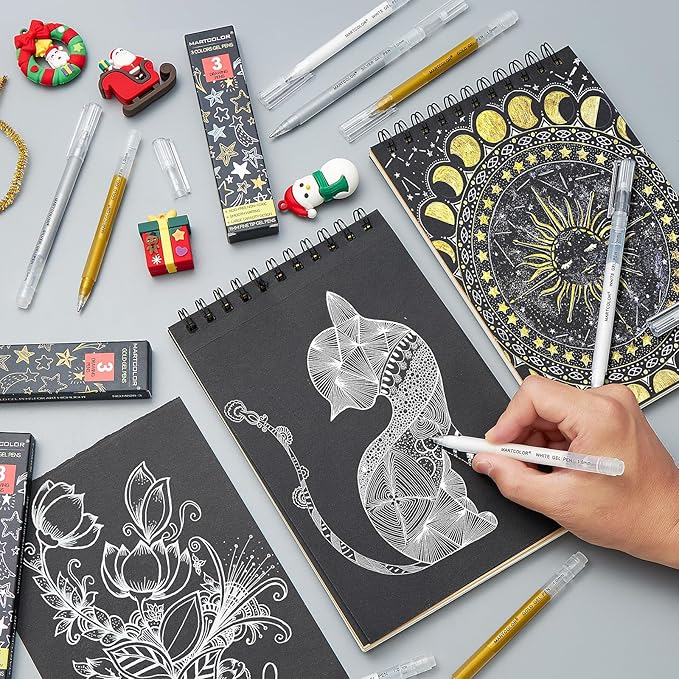 Gold Silver White Gel Pens, 1mm Fine Point Gel Ink Pen Opaque Archival Ink Pens for Black Paper Drawing, Sketching, Illustration, Card Making, Bullet Journaling, 3 Pack