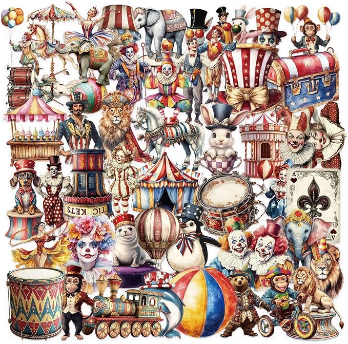 50 Pcs Vintage Circus Scrapbook Stickers – Clear Waterproof Clown, Animal, Tent, Retro Carnival Circus Decals for Journaling, Crafts, Planners, Cards & Laptop Decorations