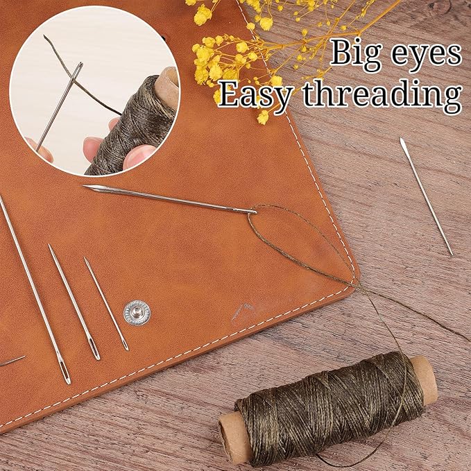 Pimoys 55Yards Waxed Thread with 7 Pcs Leather Needles for Hand Sewing 150D Flat Sewing Waxed Thread Leather Repair Needles for Sewing Upholstery Leather Canvas Bags Sofa Furniture(Army Green)