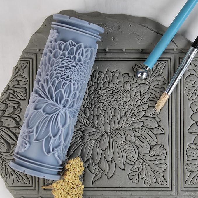 Chrysanthemum Clay Texture Roller (4") - Flower Set #01 - Embossing Pattern Roller for Polymer & Ceramic Clay, Pottery & Crafts