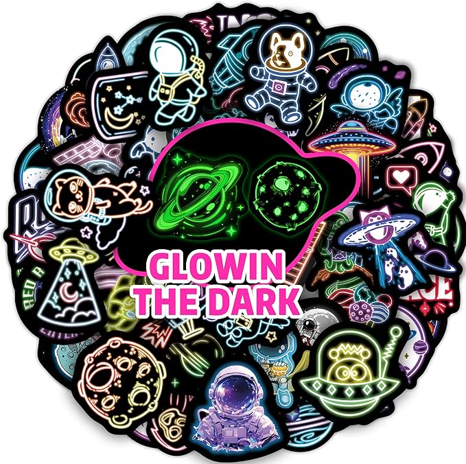 75 Pcs Neon Space Planets Stickers for Kids Glow in The Dark, Vinyl Astronaut Sticker for Water Bottle, Waterproof Laptop Decals for Teens Girls Boys Adults