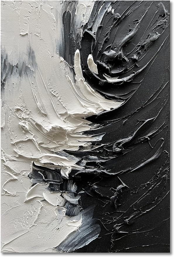 NANKAI Art Hand Drawn Thick Textured Black and White Abstract Art Oil Painting in Modern Minimalist Style, 36x24 inches. Decorative Wall Painting for Home Office or Corridor