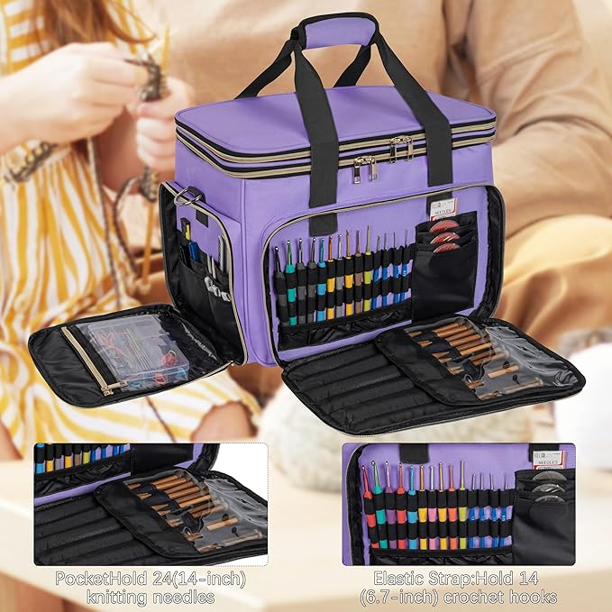 Large Knitting Bag Yarn Storage Organizer,Portable Crochet Tote Bag,Yarn Bags for Crocheting On The Go for Knitting Needles, Crochet Hooks, Knitting Accessories, Unfinished Project