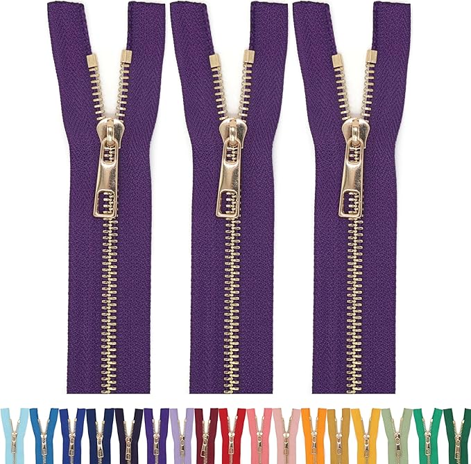 #5 Gold Metal Zipper - 50+ Colors - 3 PCS - (4-14 inches) Sizes - Luxury Lightweight Handcraft Metal Zippers with pulls for Purses Bags Pockets Shoes Sewing & Crafts DIY ZP02244