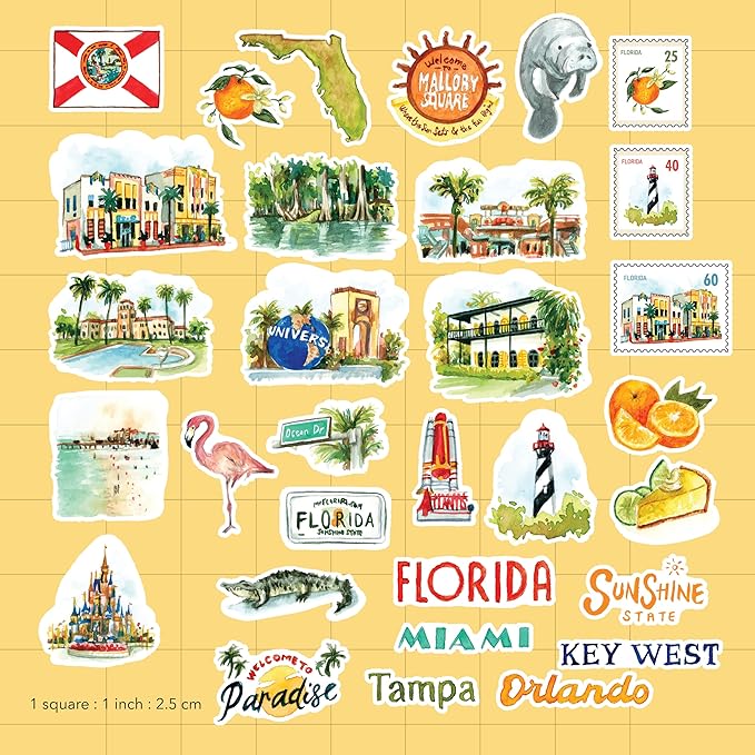 Navy Peony Retro Florida State Travel Stickers (31 Pieces) - Watercolor, USA-Themed, Waterproof | America Vacation Stickers for Scrapbooks, Journals, Suitcase