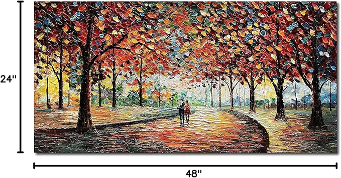 Art 24x48 Inch Hand-Painted Landscape Oil Painting Wall Art Lovers Stroll Along The Park Path Oil Painting Living Room Bedroom Wall Decoration