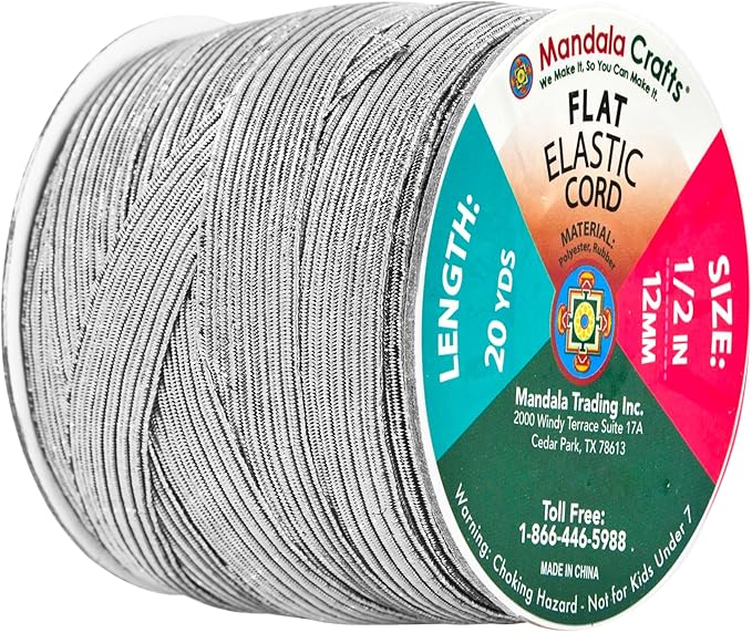 Mandala Crafts 12mm 20 Yds Roll of Metallic Silver Elastic Bands for Sewing - 1/2 Flat Elastics Cord - 1 2 Inch Braided Stretch Straps for Crafting