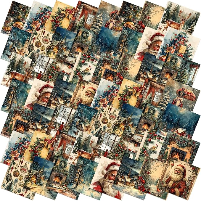 100 Pcs 8 x 8 Inch Vintage Christmas Quilting Fabric Christmas Fat Squares Patchwork Strips Santa Nutcracker Reindeer Precut Fabric Bundles for Xmas Handmade DIY Craft Sewing Material