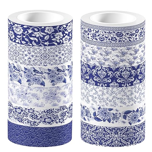 12 Pcs Blue and White Porcelain Washi Tape Set Chinoiserie Patterned Masking Tape Porcelain Pattern Decorative Paper Sticker for Scrapbook DIY Craft Gift Wrapping Handbook Sticker
