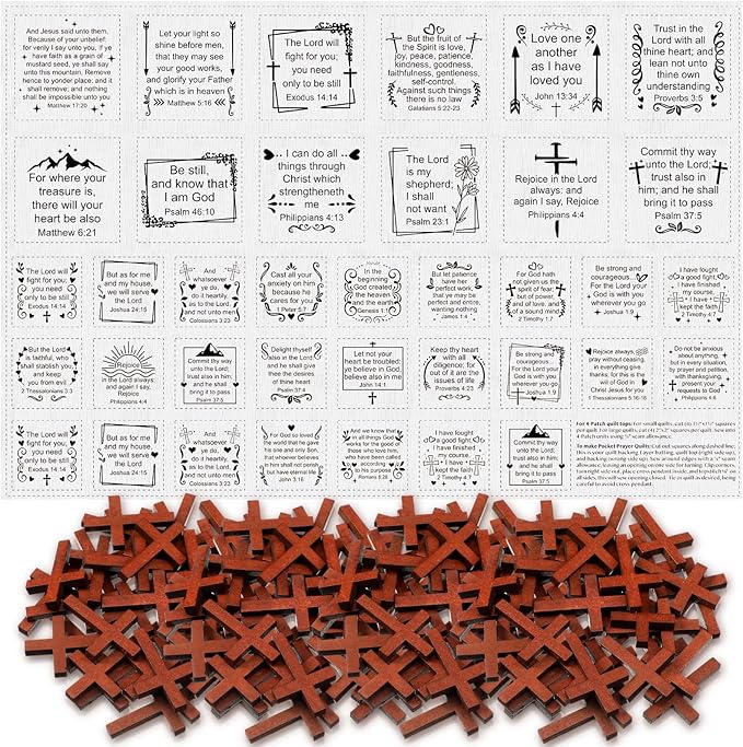 Pocket Prayer Quilt Panel Squares with Small Wooden Crosses Mini Scripture Pocket Prayer Quilt for Friend Family Religious Spiritual Gift Easter Reward Gift(Cute,Brown)