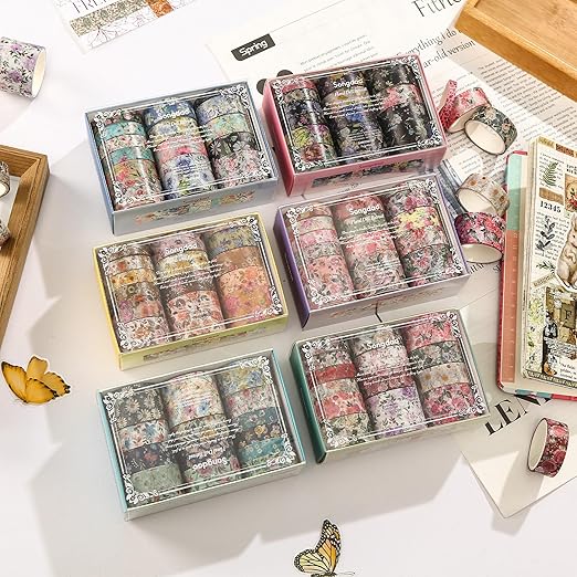 Floral Washi Tape Set - 15 Rolls Flowers Arts Adhesive Tapes Garden Blooms Decorative Masking Tape Sets for Craft, Kids, Scrapbook, DIY, Gift Wrloapping (2-Midnight Bloom)