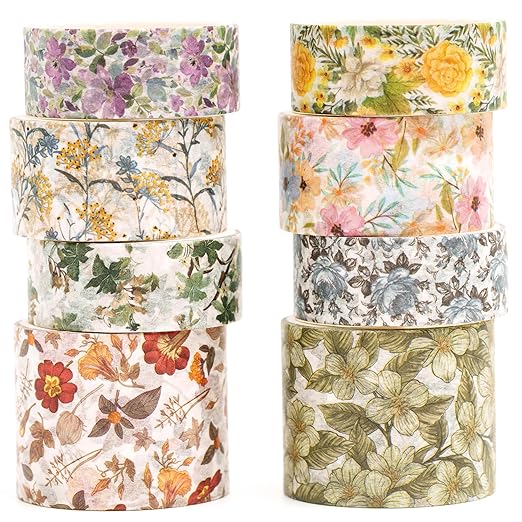 8 Rolls Retro Washi Tape Set Vintage Arts Adhesive Tapes Wide Painting Patterned Decorative Masking Tape Sets for Craft, Kids, Scrapbook, DIY, Gift Wrapping (Flowers & Plants)