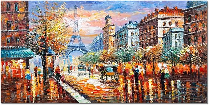 Alenoss Modern Oil Paintings 48x24 Inches Paris Eiffel Tower Landscape Large Canvas Wall Art Abstract Paintings for Living Room Bedroom Office Wall Decor Ready to Hang