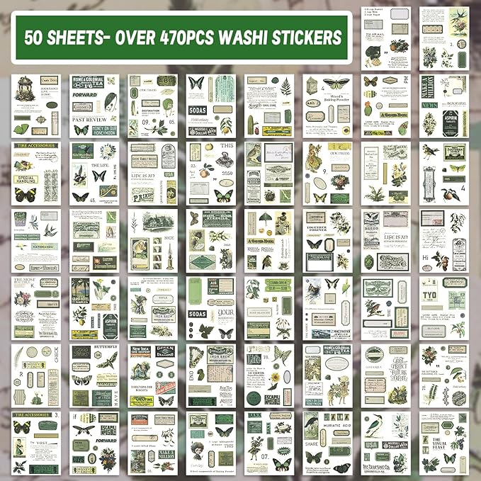 RISYPISY Pre-Cut Vintage Washi Journaling Sticker Book for Scrapbooking, 476PCS Green Scrapbooking Supplies, Ephemera for Junk Journal Supplies Crafts Arts, Dark Academia Stickers for journaling