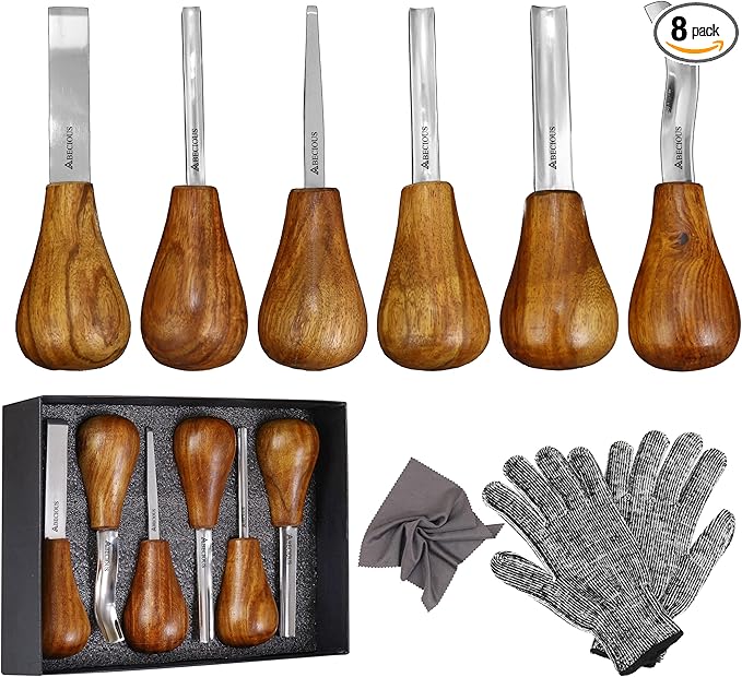 Premium Wood Carving Tools Set of 6 Pcs - Wood Carving Kit with Gloves for Woodcarving with Ash Handles Wood Carving set of Palm Gouges & Flat Chisels for Beginners to Whittling in Different Shapes
