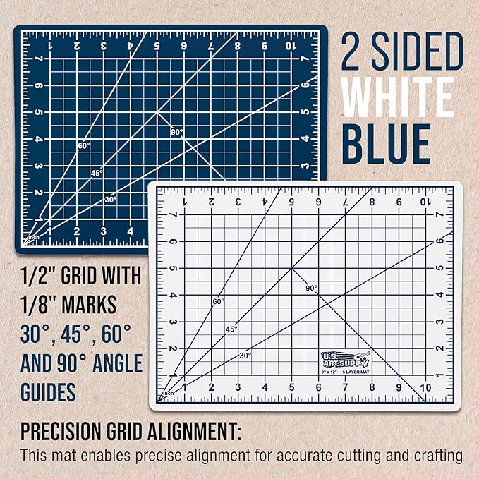 U.S. Art Supply 9" x 12" Self-Healing Cutting Mat 5-Ply - Double-Sided White/Blue Craft Mat, Non-Slip Cutting Mats for Crafts, Sewing, Quilting, Scrapbooking