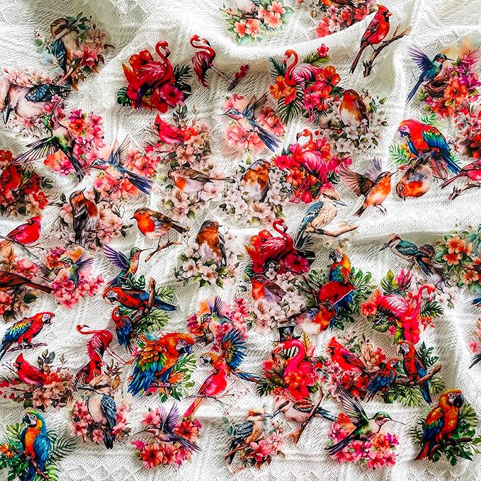 180 Pcs Clear Bird Flower Stickers for Scrapbooking – Vintage Watercolor Aesthetic Nature Forest Wildlife Botanical Sticker Pack for Journaling, Card Making, Resin Crafts