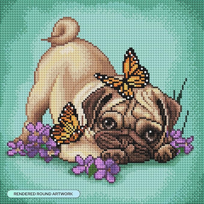 DIAMOND ART CLUB Butterfly Pug Diamond Painting Kit, Fun DIY Crafts for Adults, Round Diamond Art Canvas, 13" x 13"