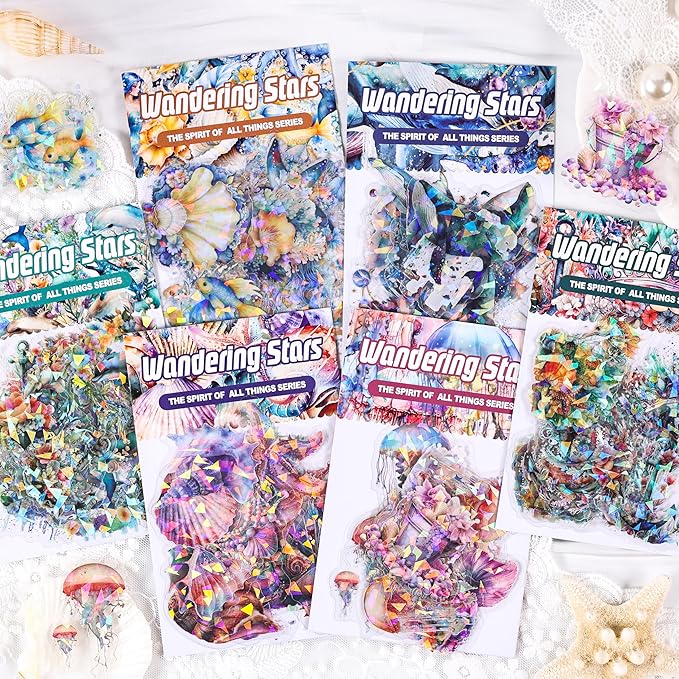 120Pcs Holographic Sea Animal Stickers - Transparent Ocean Life Decals Featuring Jellyfish, Seahorses, Dolphins, Whales, Conch Shells for Scrapbooking, Journals, Resin Art Projects