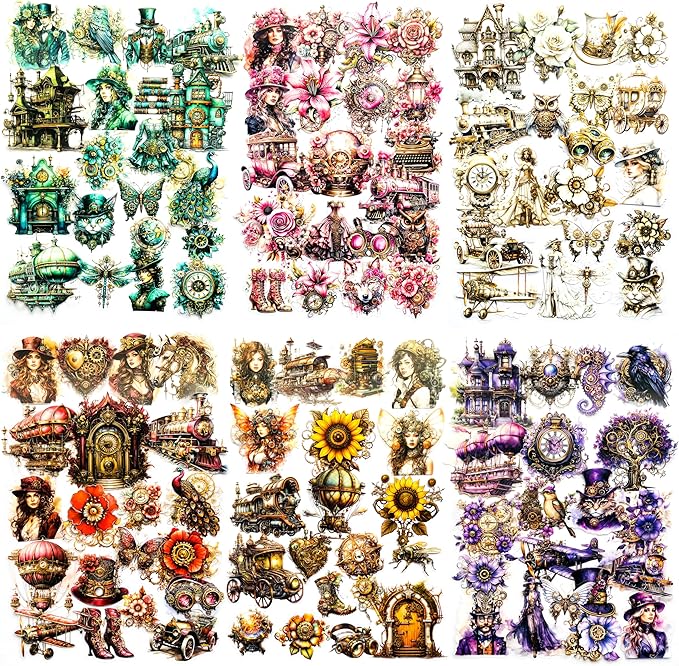 Yoksas Vintage Victorian Steampunk Stickers - 120Pcs Clear Waterproof Antique Machinery Punk Stickers for Scrapbooking, Junk Journals