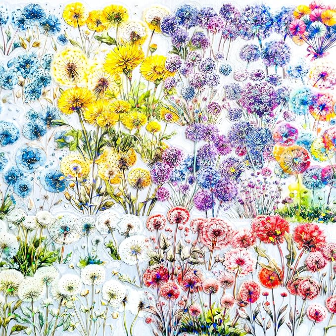 60-Piece Holographic Dandelion Scrapbook Stickers – Colorful Iridescent Effect Decorative Floral Botanical Stickers for Journaling, Art Projects, Card Making, Planners, Gift Wrapping