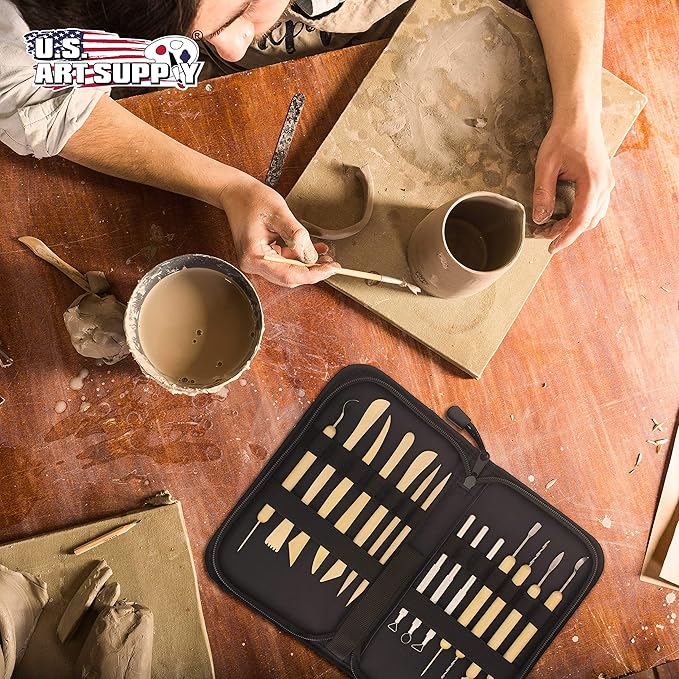 U.S. Art Supply Pottery & Clay Tools Set (14-Piece) - Includes Pottery Tools, Canvas Case for Sculpting, Ceramics, and Easy Storage & Transport