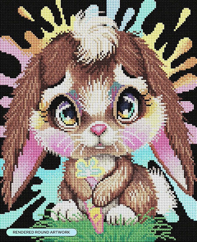 DIAMOND ART CLUB Rainbow Lil Bunny Diamond Painting Kit, Fun DIY Crafts for Adults, Round Diamond Art Canvas, 13" x 16"