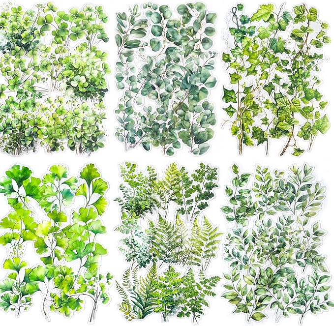 120PCS Green Botanical Leaf Scrapbook Stickers - Aesthetic Plant Leaves, Foliage, Nature Greenery Stickers for Scrapbooking, Journals, Planners, Art Projects