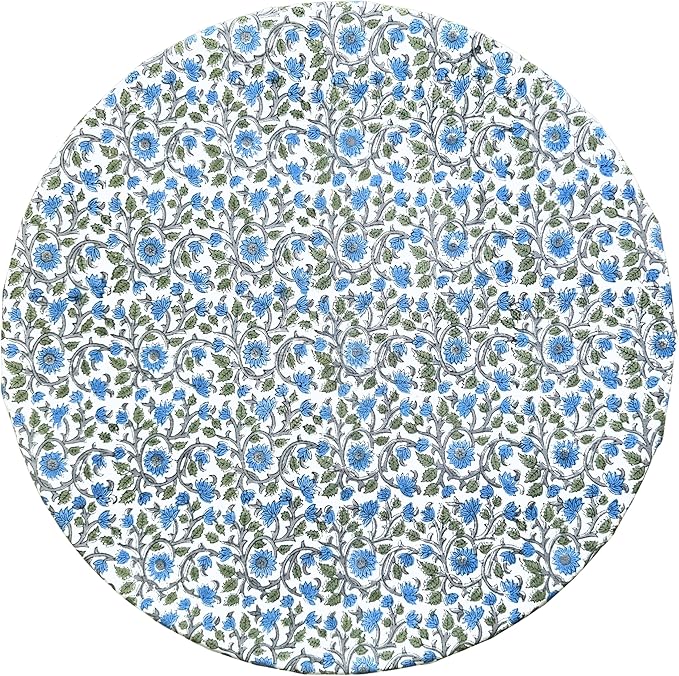 ATOSII Lake Como 100% Cotton Summer Round Tablecloth, Block Print Table Cloth for Dining, Weddings, Outdoors, Parties I Grand Millenial Farmhouse Coastal Boho Home Decor I 72" Inches 4 Seater