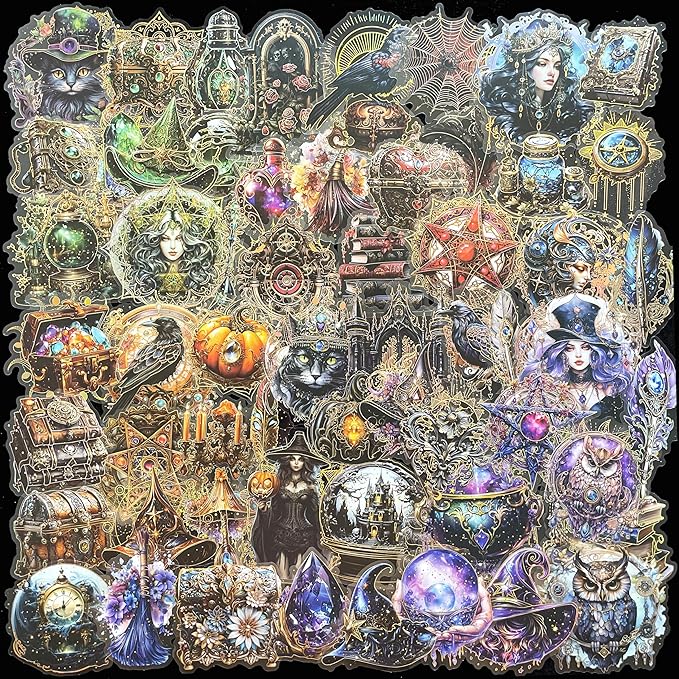60 PCS Holographic Gold Foil Gothic Witch Stickers – Clear Dark Magic Astrology Scrapbook Stickers for Journaling, Wicca, Planner, Witchcore Aesthetic, Vintage Book & Crystal Cat, Witchcraft Supplies