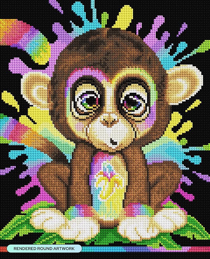 DIAMOND ART CLUB Rainbow Lil Monkey Diamond Painting Kit, Fun DIY Crafts for Adults, Round Diamond Art Canvas, 13" x 16"